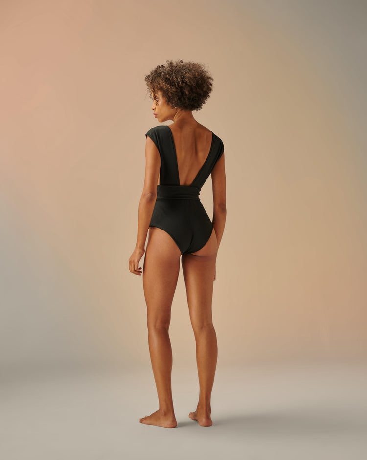 CREPE V-NECK SWIMSUIT - BLACK