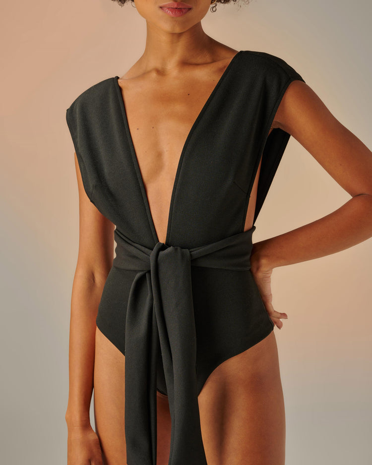 CREPE V-NECK SWIMSUIT - BLACK