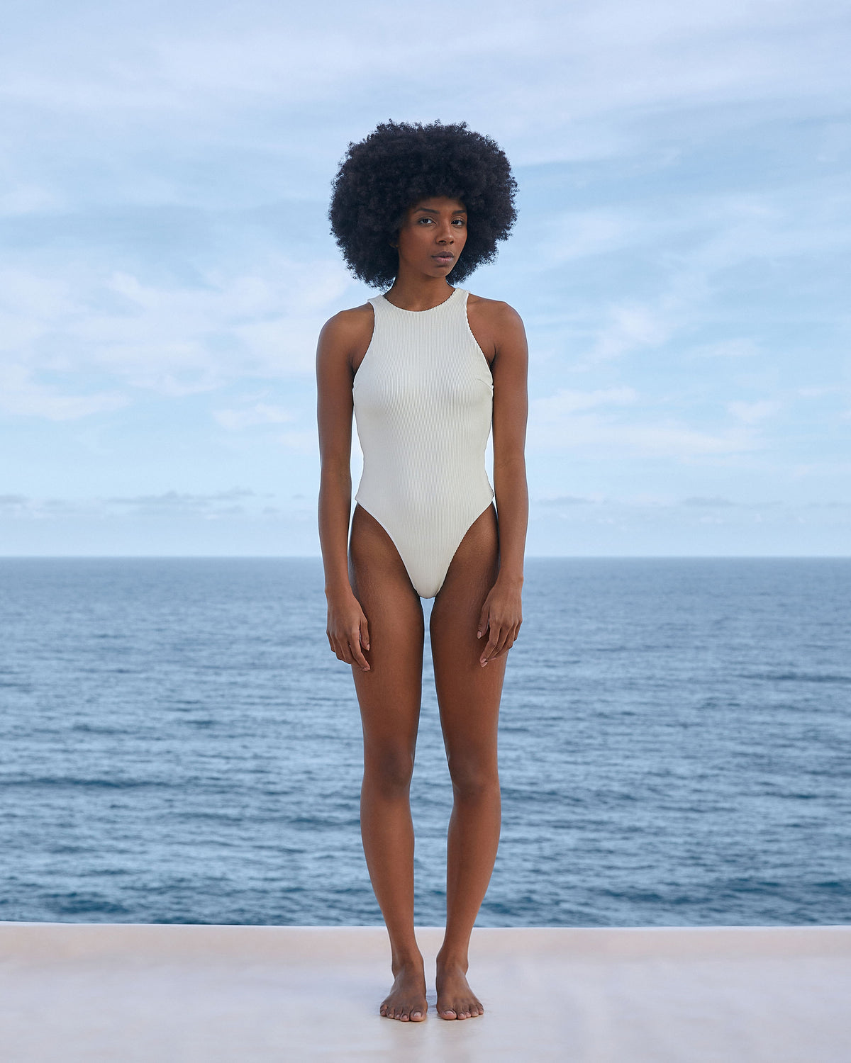 Costume da bagno a righe in twill, bianco argilla