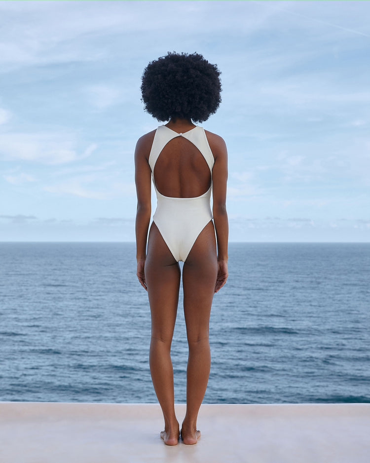 Costume da bagno a righe in twill, bianco argilla