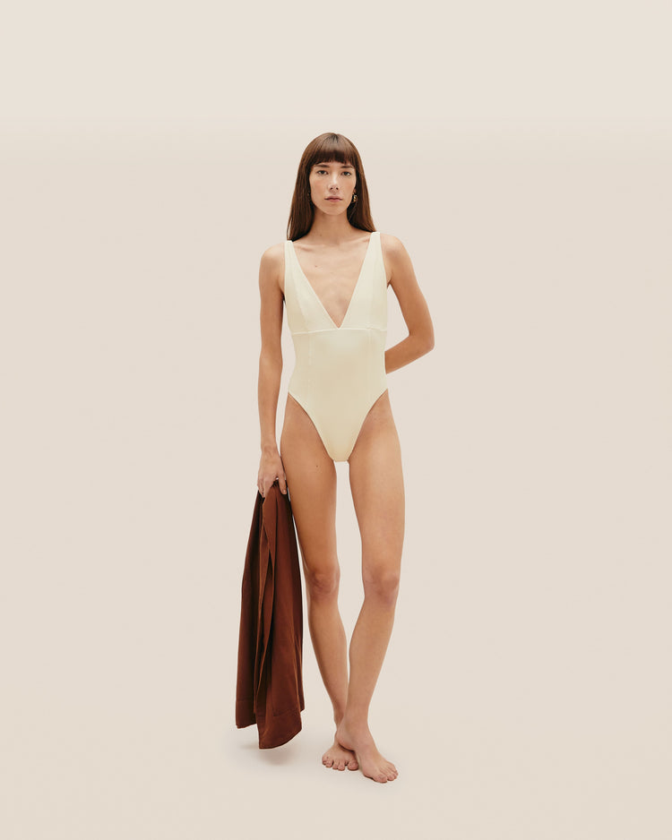 COSTUME DA BAGNO RAQUEL A RIGHE BIANCO ARGILLO