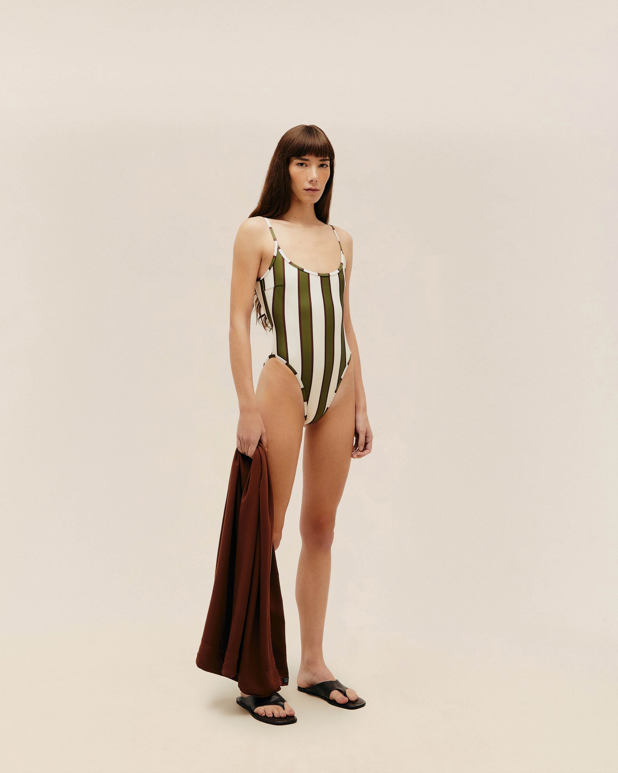 PIPPING THIDU SWIMSUIT OLIVE STRIPES