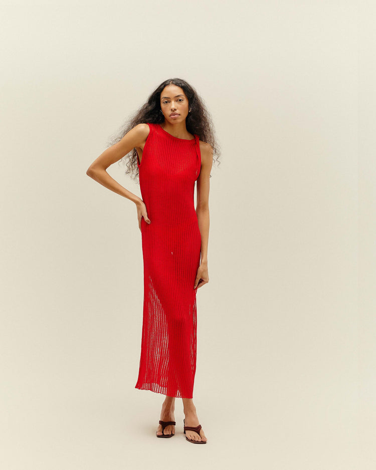 TWISTED KNIT RED SHIFT DRESS