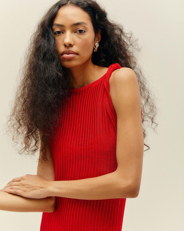 TWISTED KNIT RED SHIFT DRESS