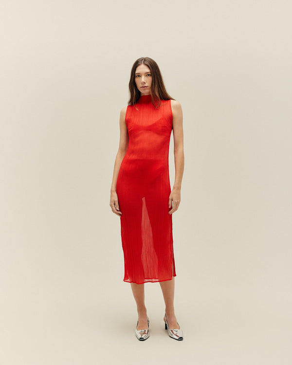 RED SHIFT PLEATED DRESS