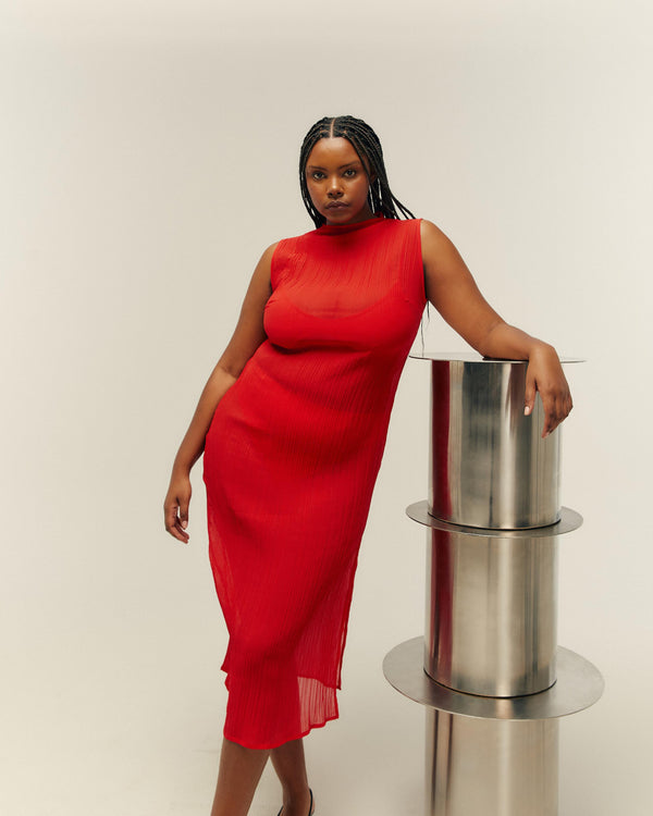 RED SHIFT PLEATED DRESS