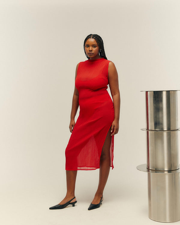 RED SHIFT PLEATED DRESS