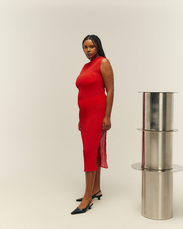 RED SHIFT PLEATED DRESS