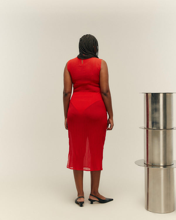 RED SHIFT PLEATED DRESS