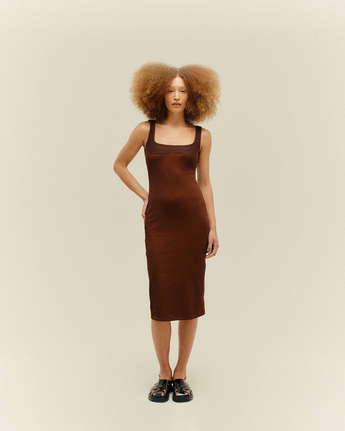 RIBBED GABI DRESS IN BROWN