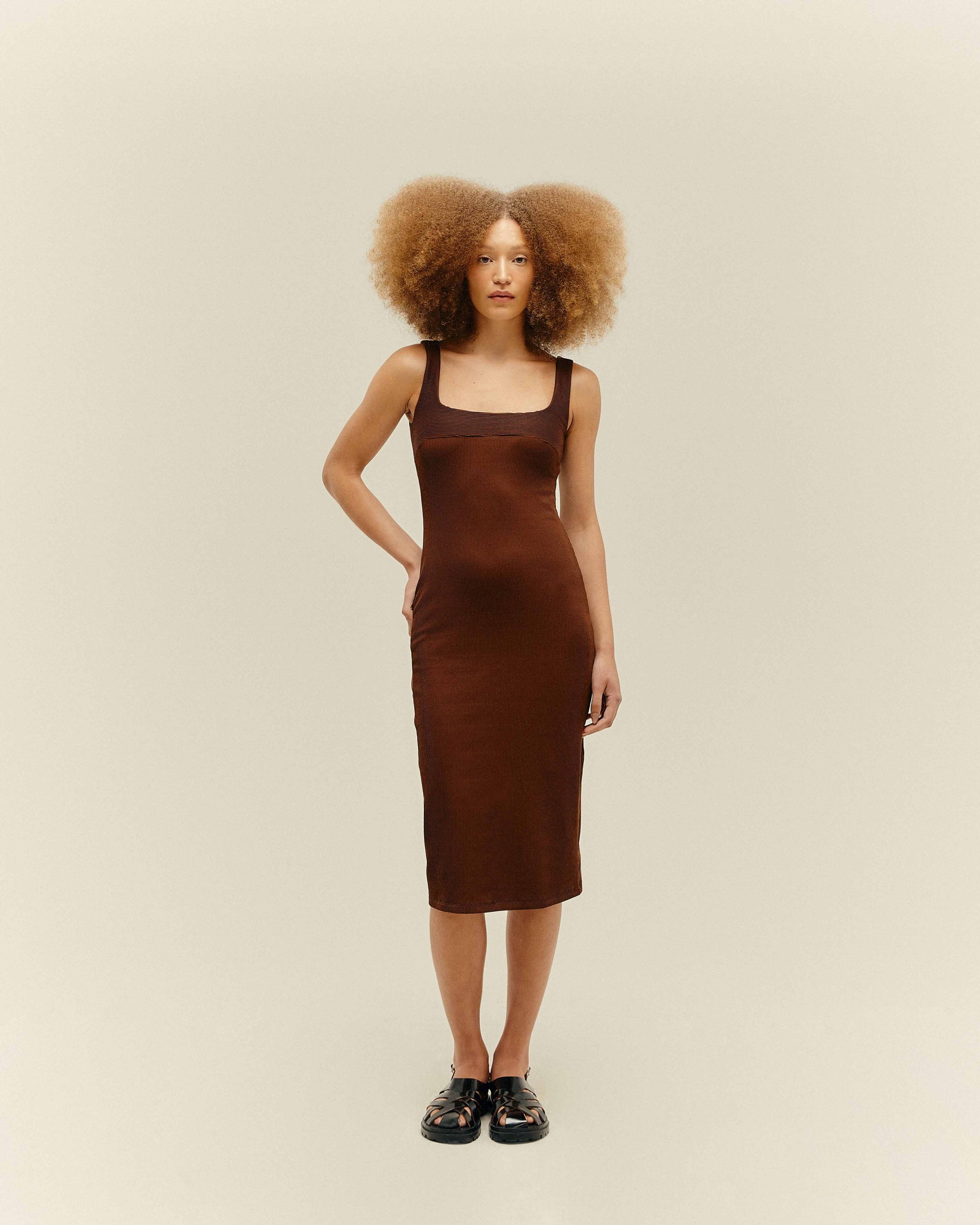 RIBBED GABI DRESS IN BROWN