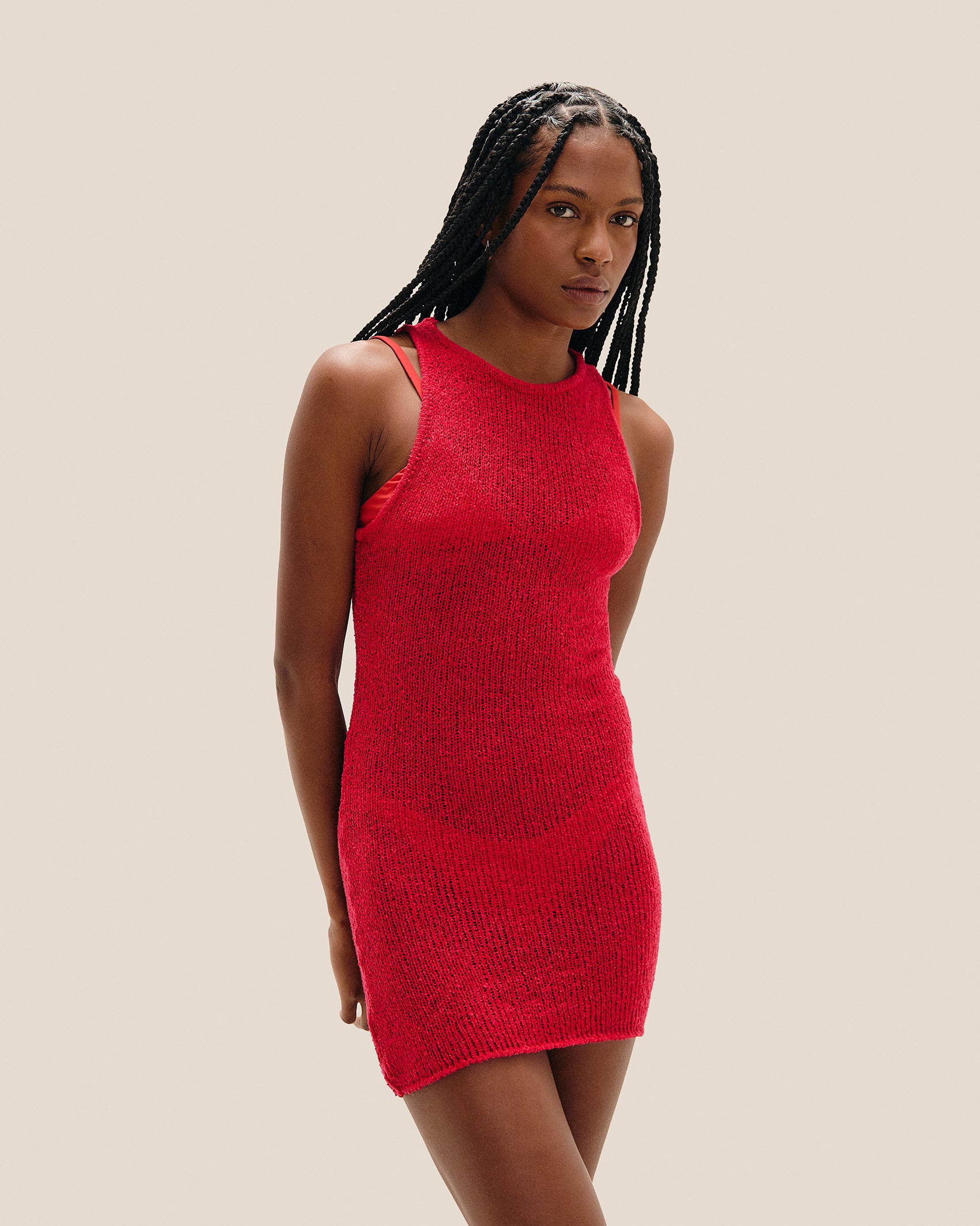 MINI ABITO A MAGLIA CON SCOLLO A V, ROSSO