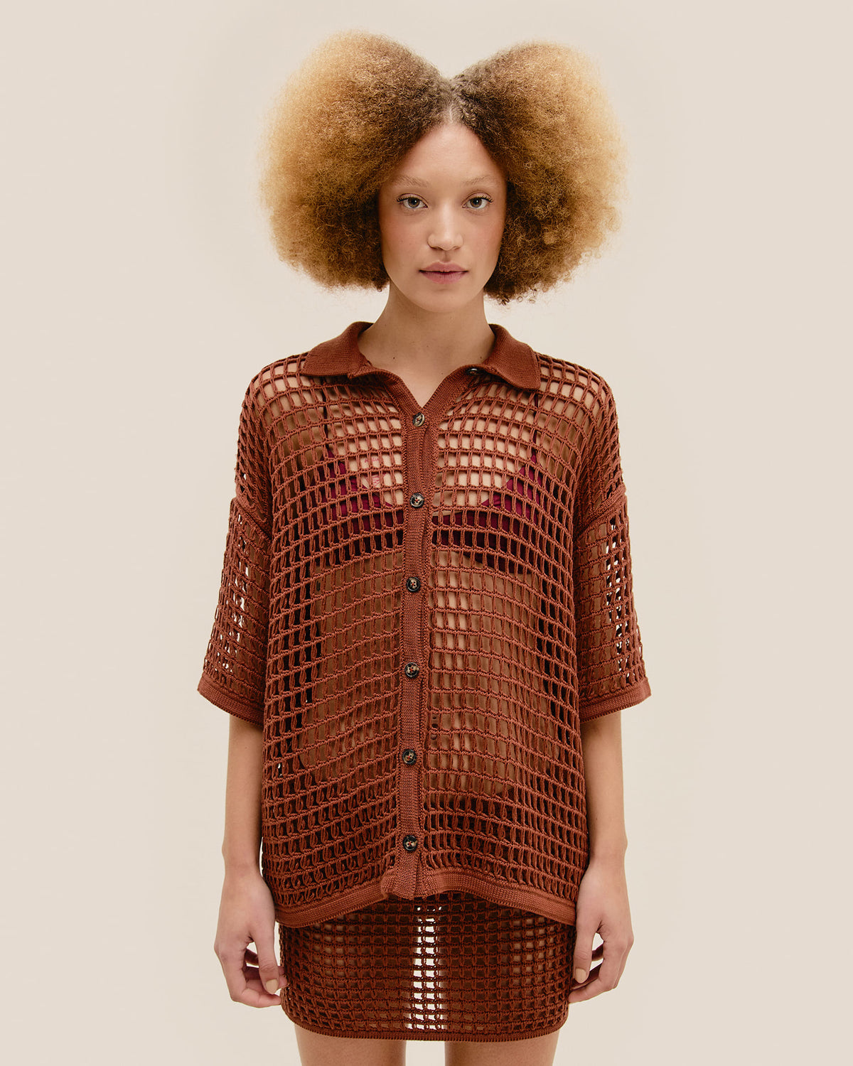 SHEILA KNIT SHIRT, MIDDLE BROWN