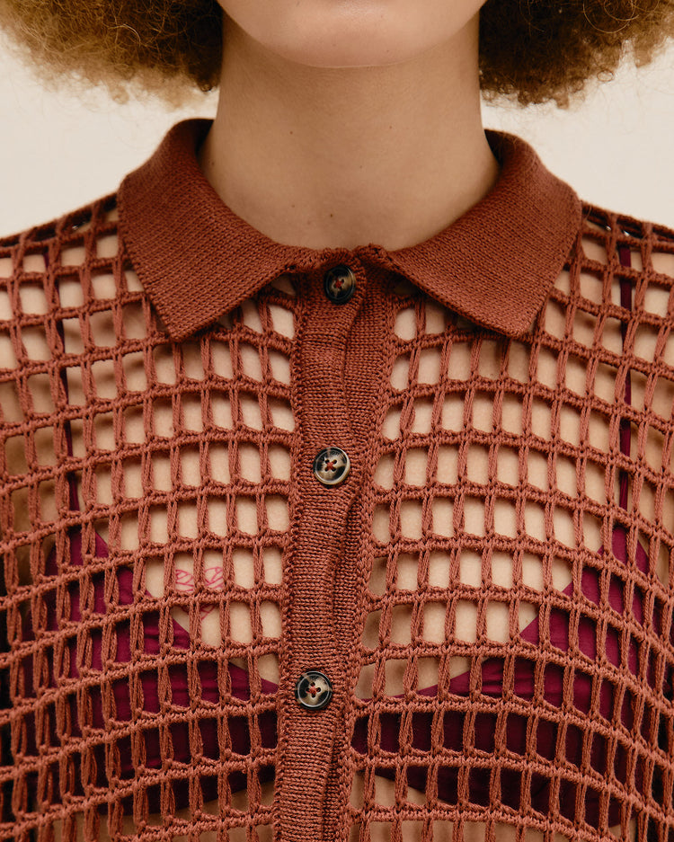 SHEILA KNIT SHIRT, MIDDLE BROWN